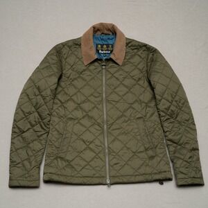 Barbour Mens Helm Quilted Jacket Size S Olive Green Corduroy Collar Heritage